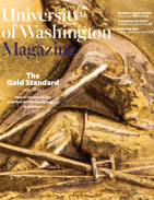 Artistic rendering of a rower in a boat with the words "University of Washington Magazine"