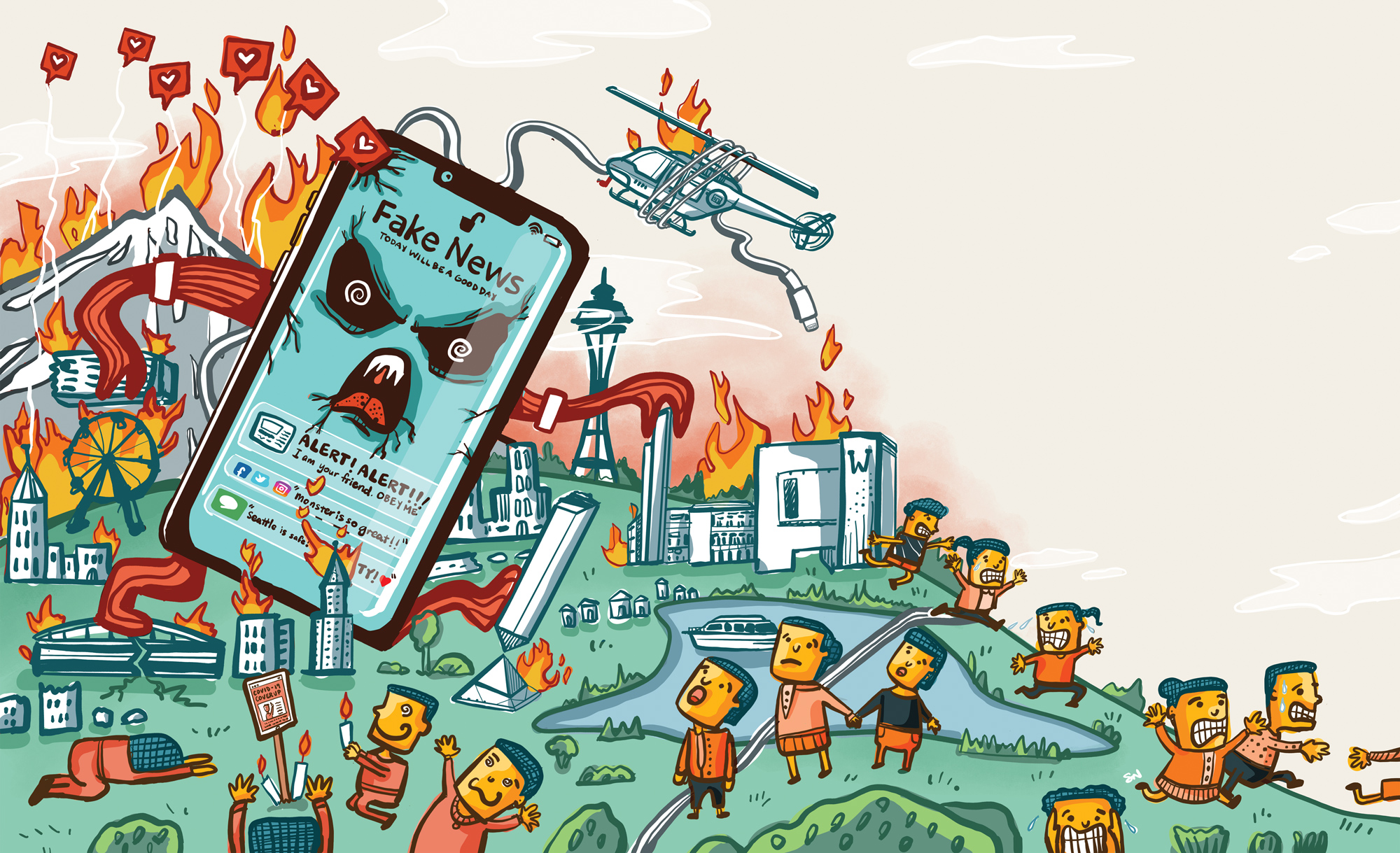Illustration depicting a giant evil smartphone terrorizing Seattle.