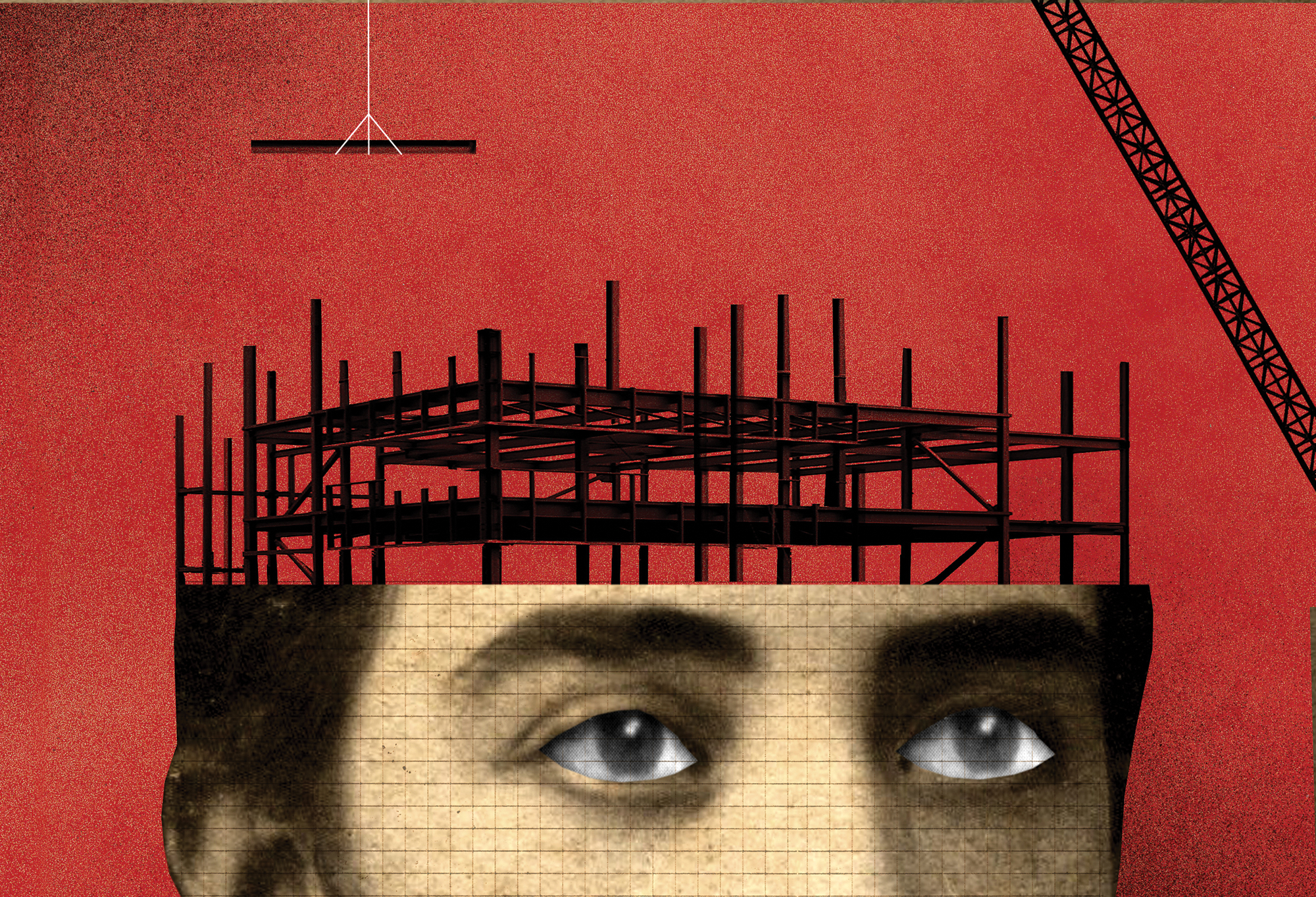 Illustration of a person's head with the top removed, exposing a metal foundation like that of a large building.