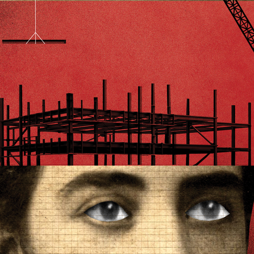Illustration of a person's head with the top removed, exposing a metal foundation like that of a large building.