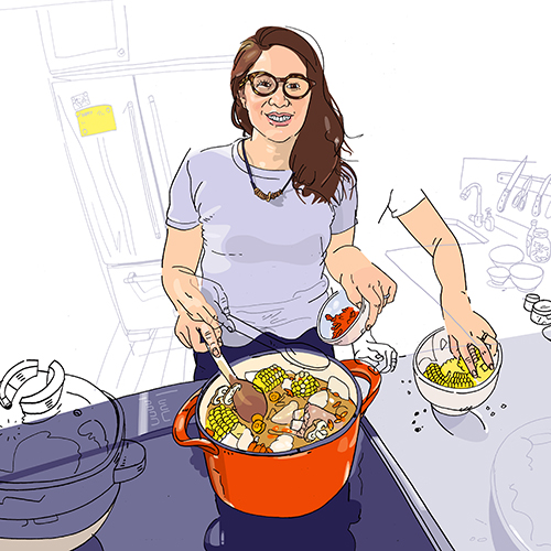 Partially colored sketch of Marie Spiker cooking soup