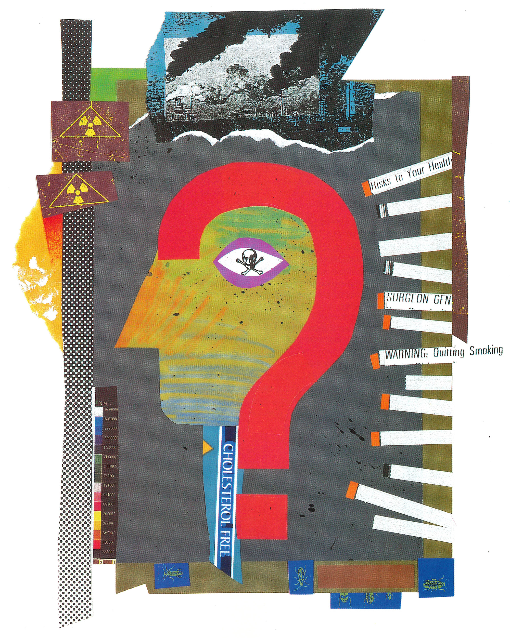 Collage artwork featuring a silhouette of a person's head made of various scraps of colorful paper