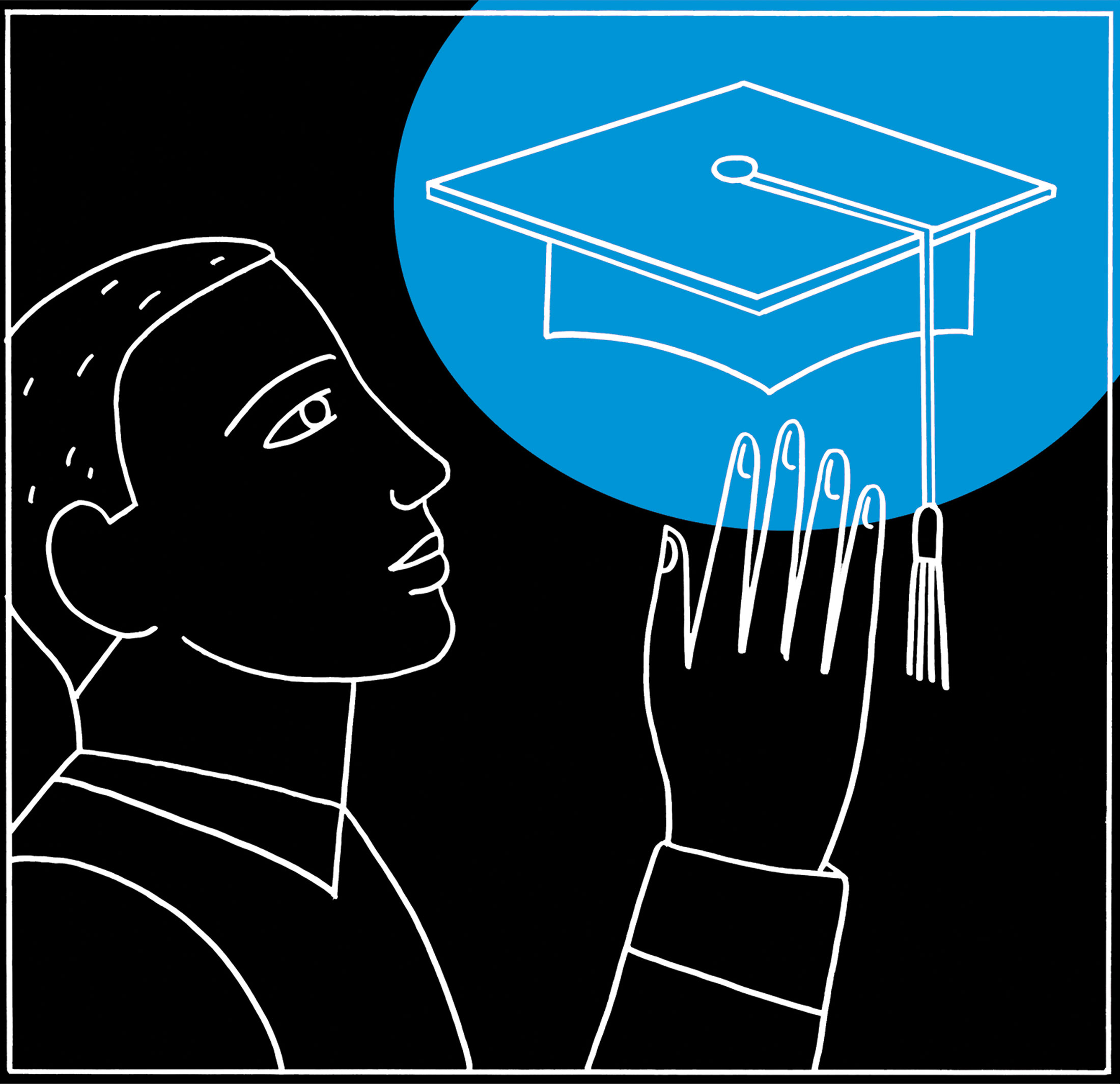 A line drawing shows a student reaching for a mortarboard.