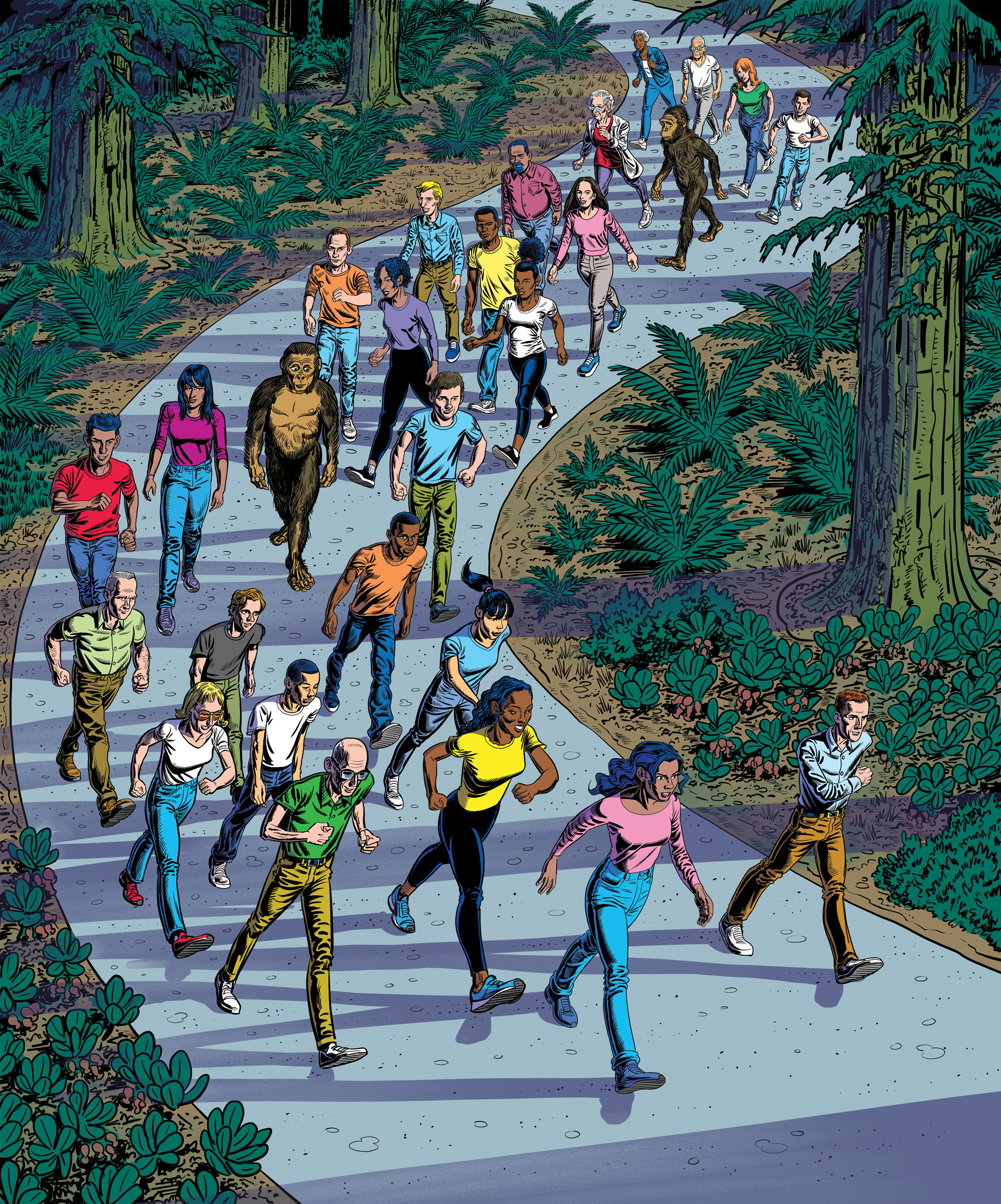 Illustratration of people walking on a trail outside within a forest setting