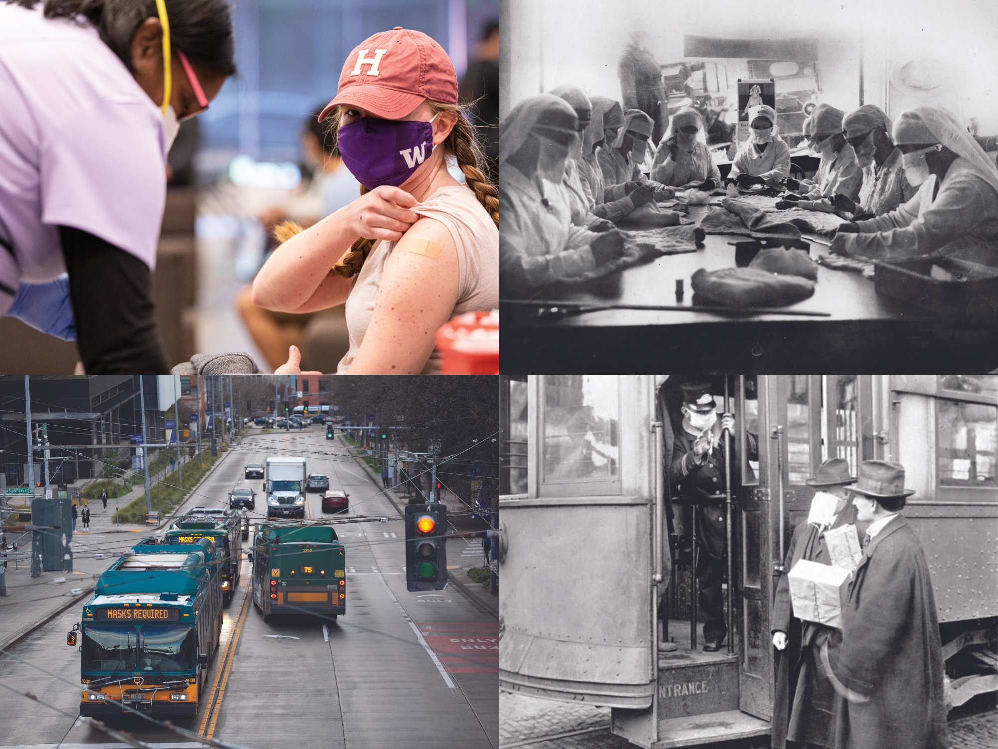 A collage of images shows a young woman receiving a vaccine and a line of buses in modern times, plus researchers and bus riders in 1918.