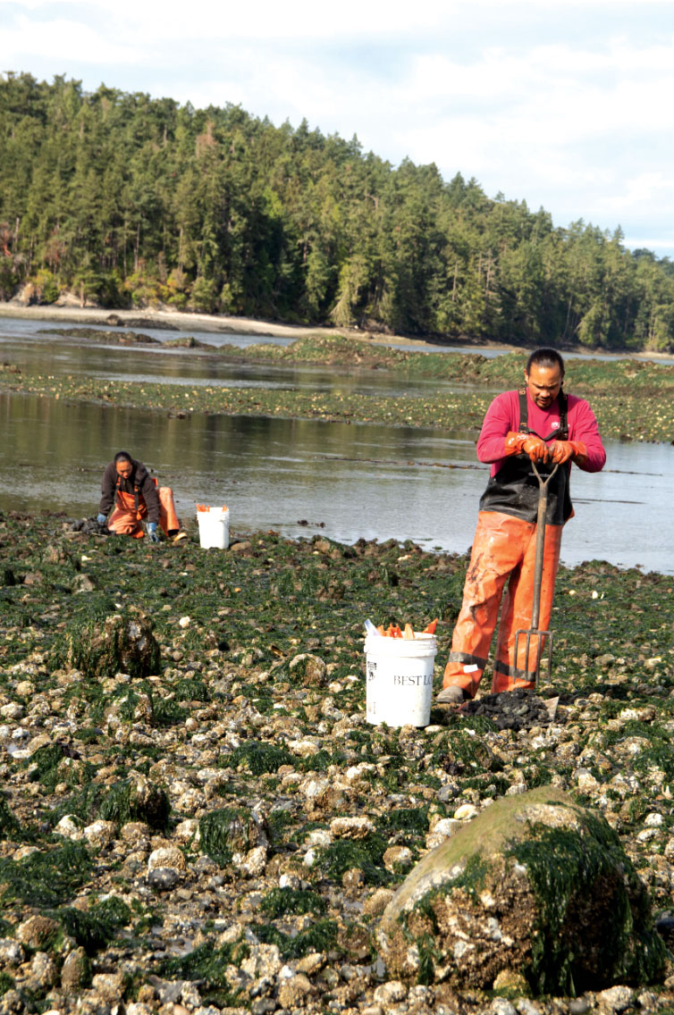 Two scientists in waders study on the rocky shores of a lake