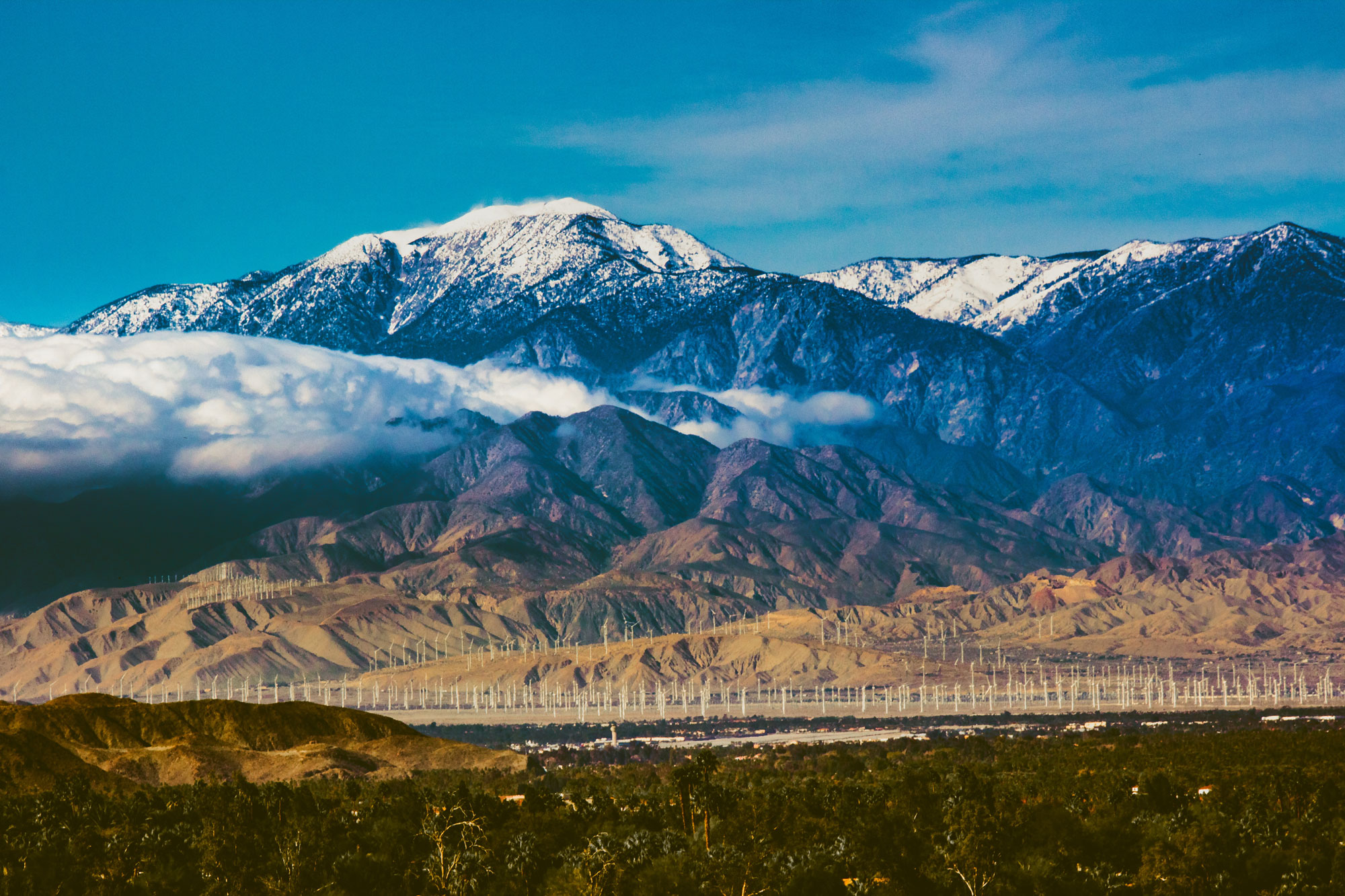 A colorful capture of snowcapped Mount San Jacinto in California