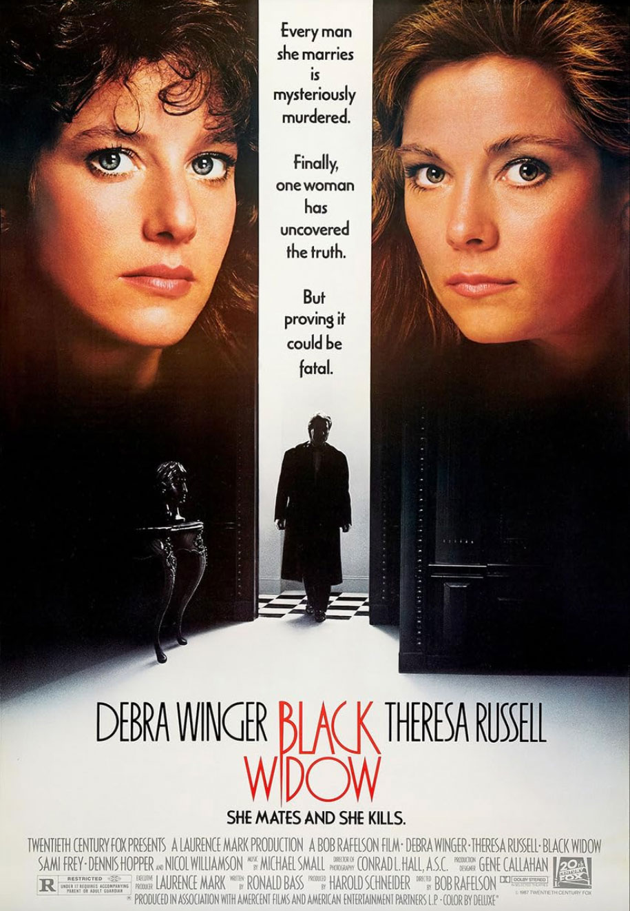 Movie poster for Black Widow featuring Debra Winger and Theresa Russell's faces looming over a white doorway.