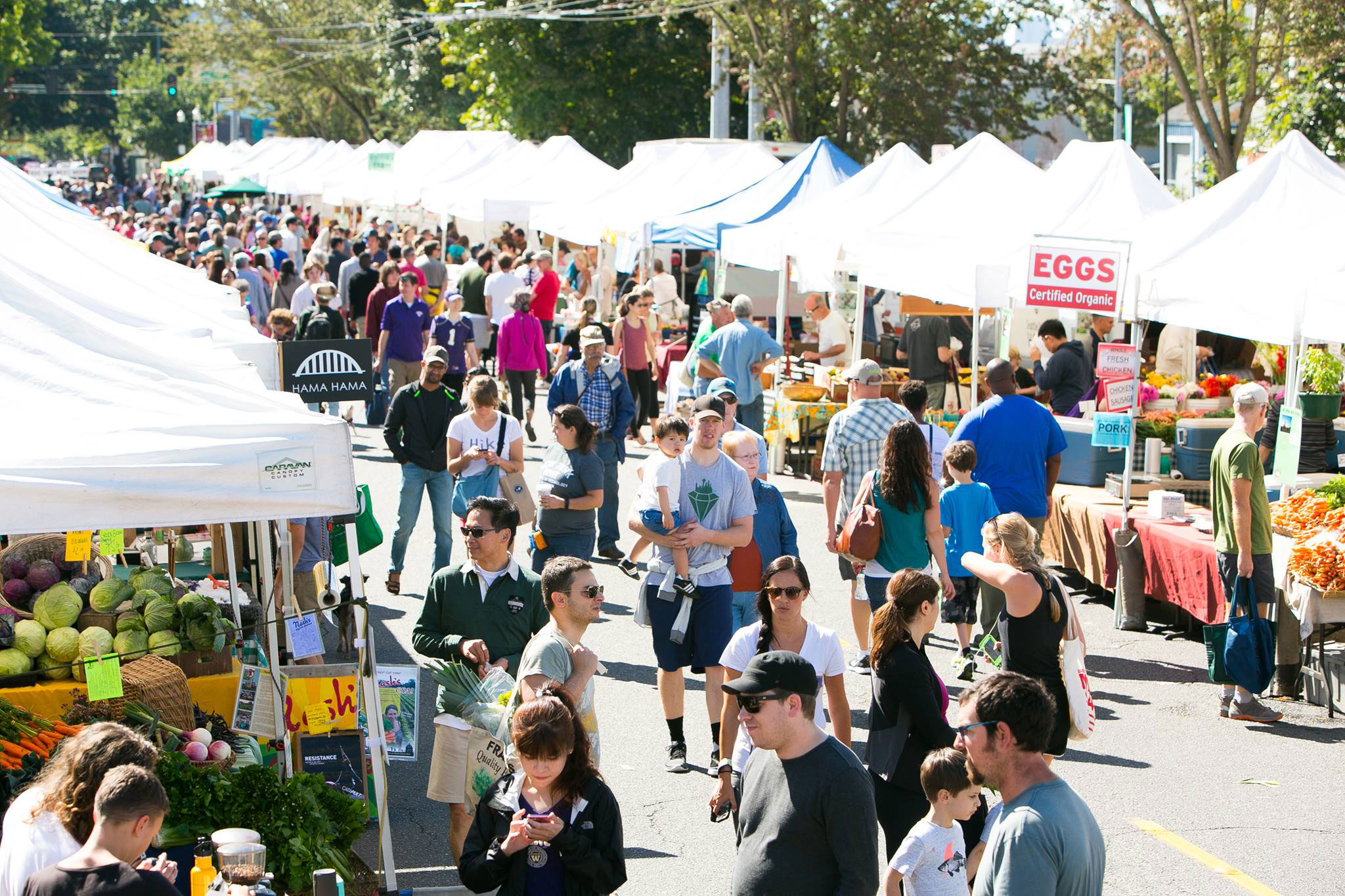 People pack the Ave in the U District during a sunny day at the farmers market.