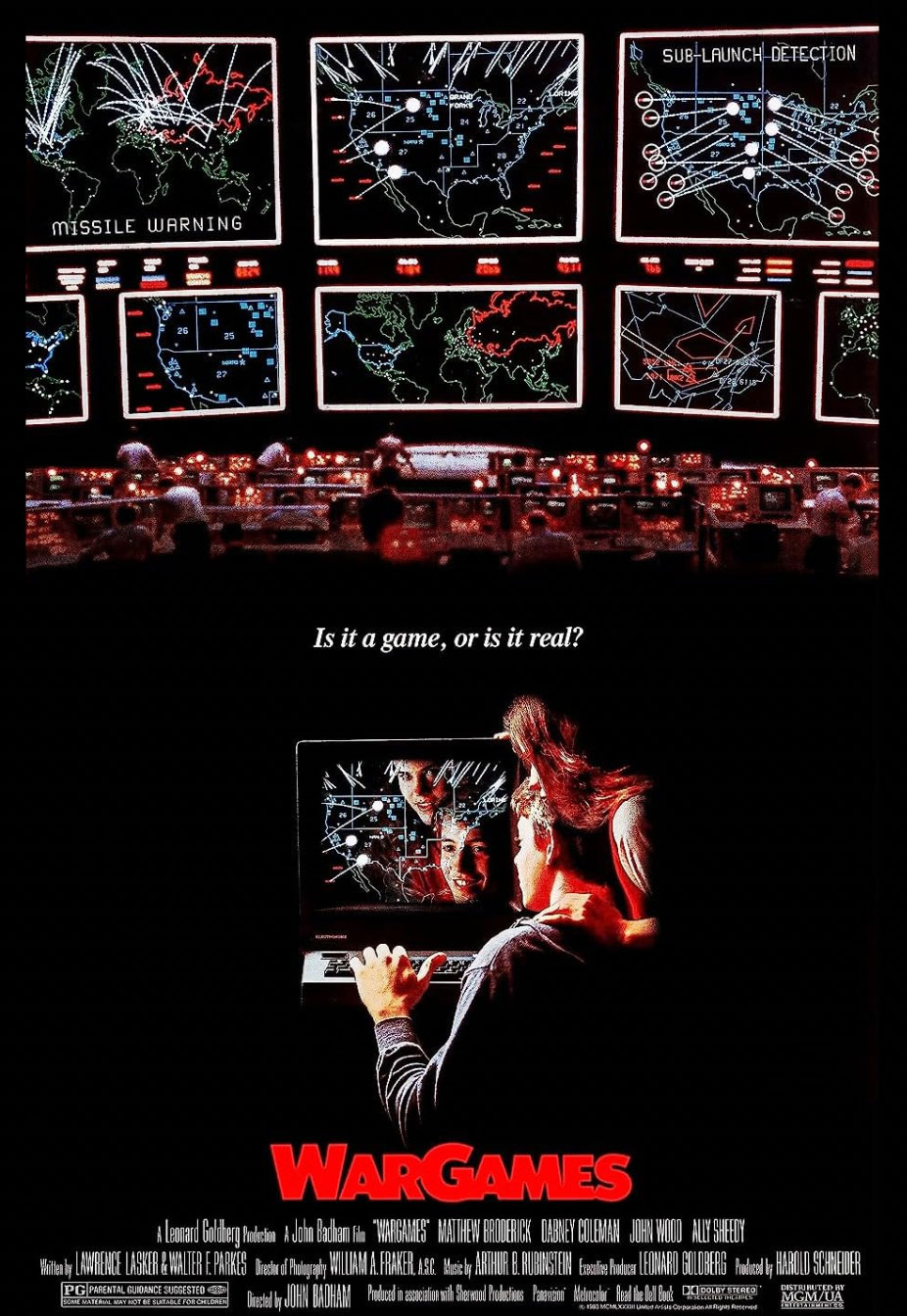 Movie poster for WarGames featuring many screens and a man on a computer.