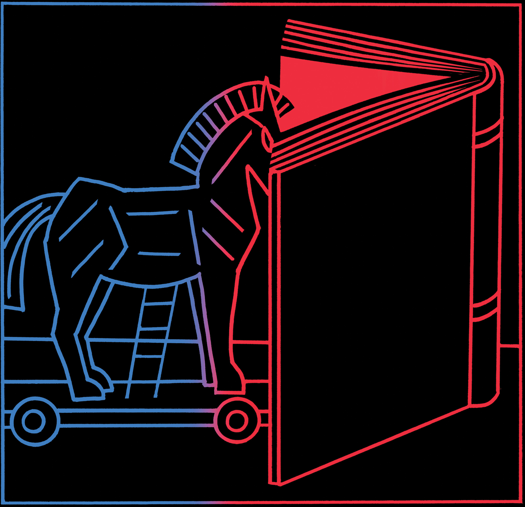 An illustration of a Trojan horse reading a giant book