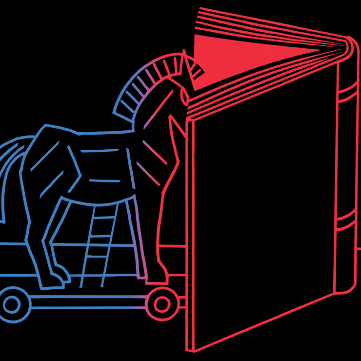 An illustration of a Trojan horse reading a giant book