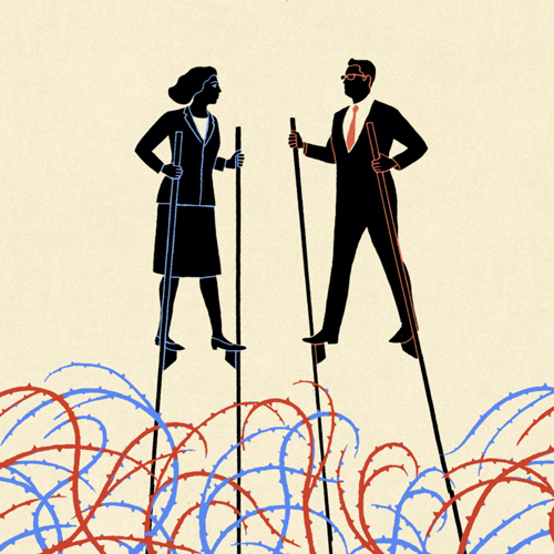 Two illustrated figures - one outlined in blue and the other in red - stand on stilts above a mess of blue and red barbed wire