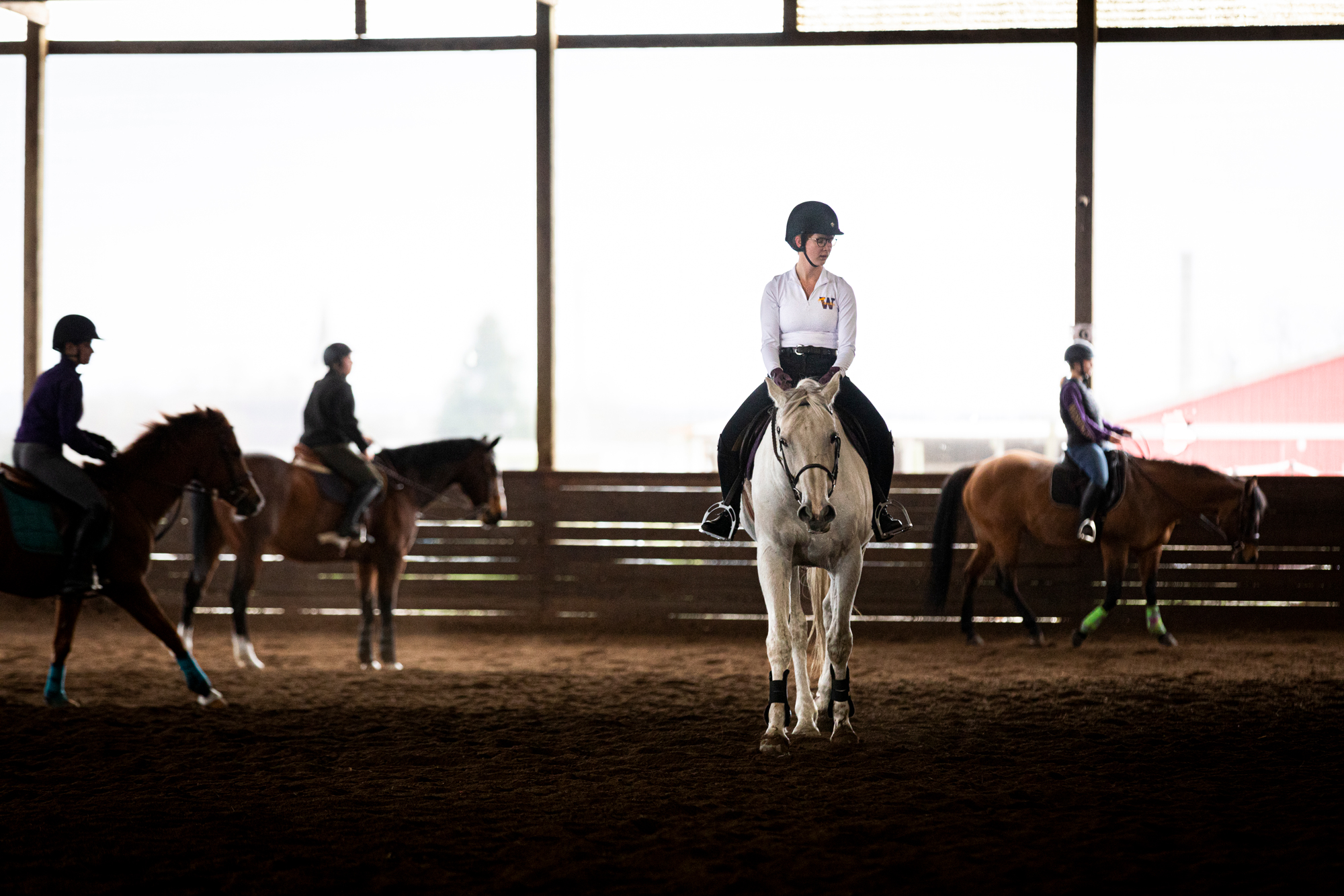 A woman in a UW jacket rides a white horse in a covered barn. Others ride brown horses around her.