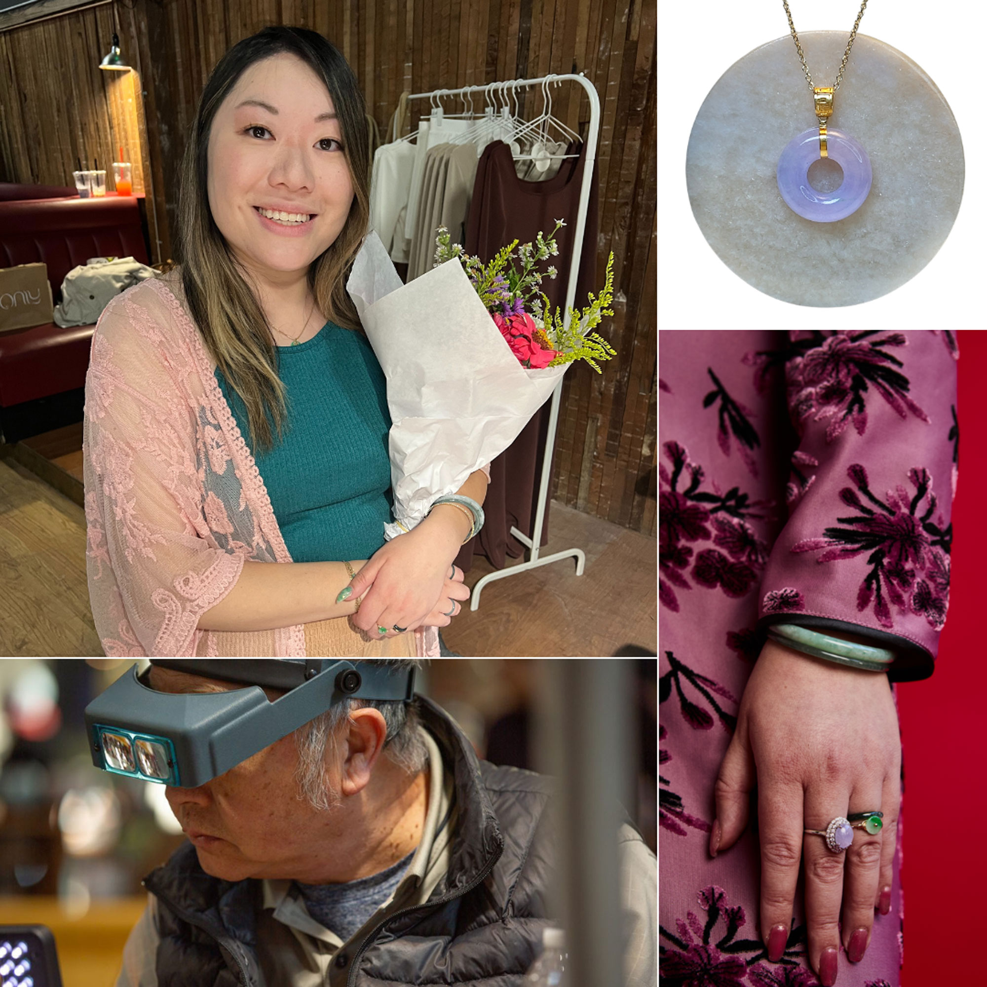 A collage of images featuring a young woman holding a bouquet, a jade necklace, a woman's hand with a jade ring and bracelet and a man crafting jewelry.