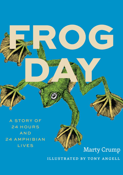 Blue book cover for Frog Day featuring a green frog illustration