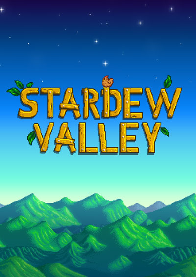 Stardew Valley logo, made up of small sticks against a mountainous background