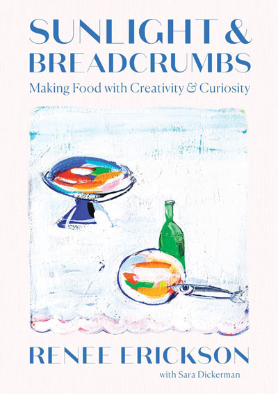 Book cover for Sunlight & Breadcrumbs, featuring soft illustrations of food and wine