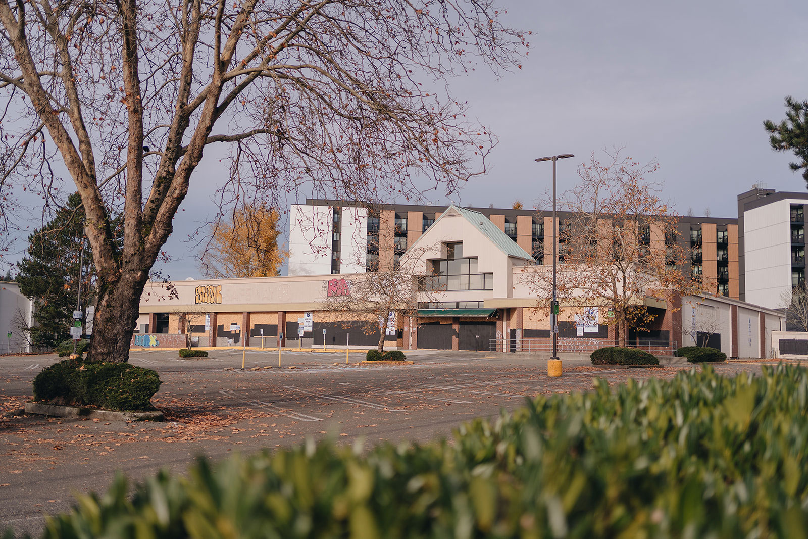 An abandoned storefront of a large grocery store with an empty parking lot.