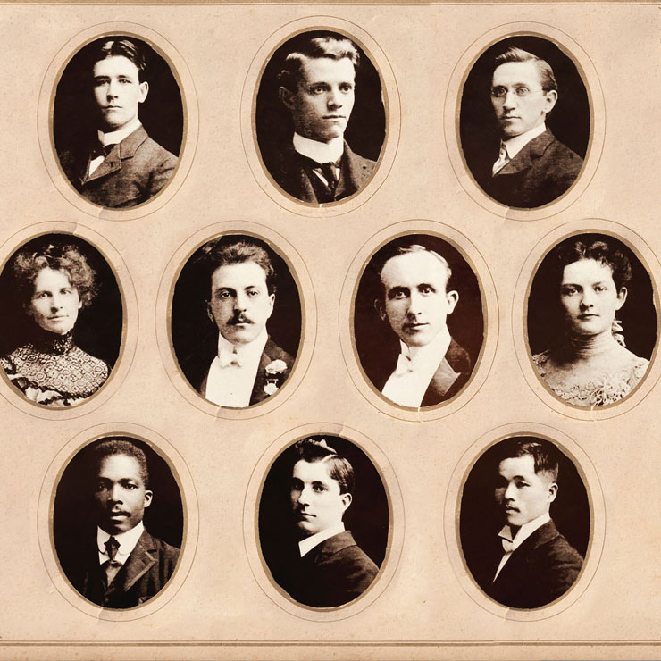 A collage of photographs from the year 1900, featuring six white men, two women, one Black man and one Japanese man.