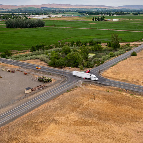 Aerial view of an intersection in a rural town