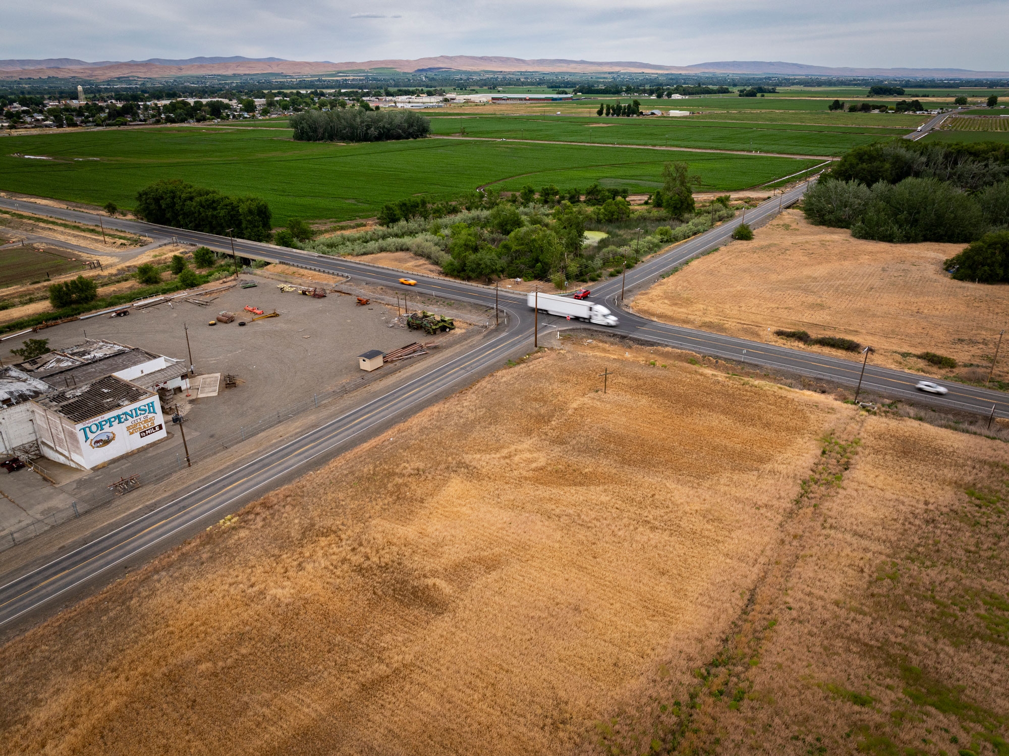 Aerial view of a highway intersection in a rural town