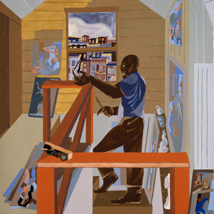 Jacob Lawrence ascends a staircase to his painting studio with a cityscape visible out the window