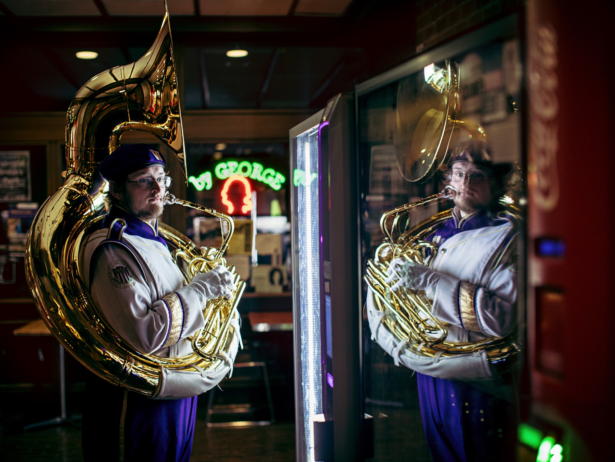 jeffrey whaley, jeff whaley, sousaphone uw, uw marching band, by george cafe