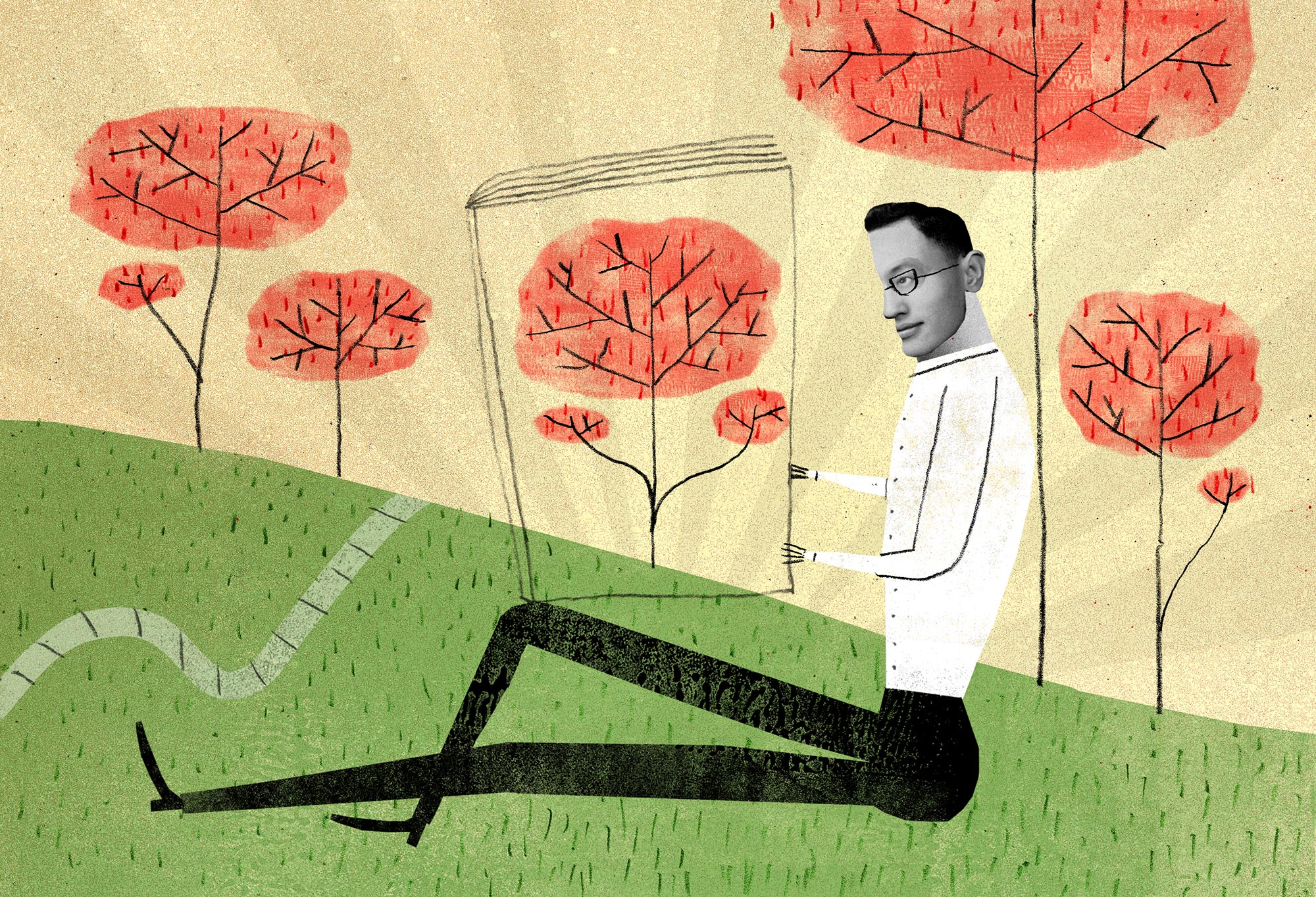 Illustration of man reading magazine.