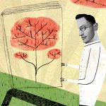 Illustration of a man reading a magazine.