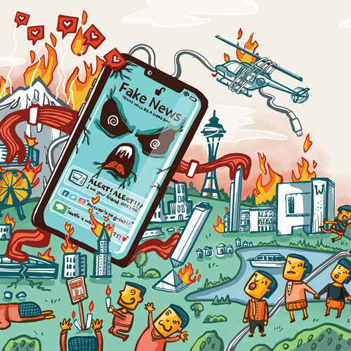 Illustration depicting a giant evil smartphone terrorizing Seattle.