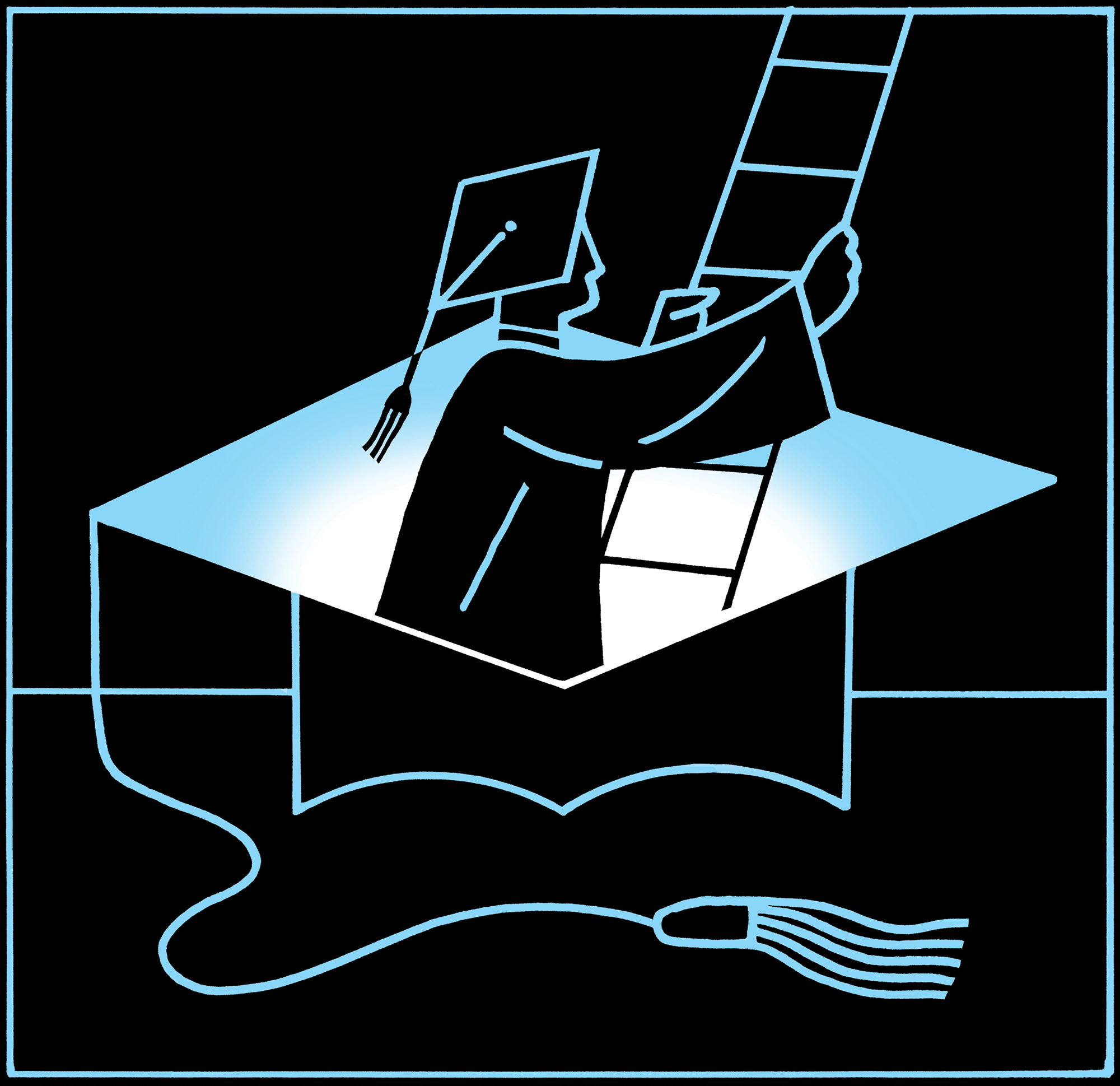 Illustration depicting a student in a cap and gown climbing a ladder