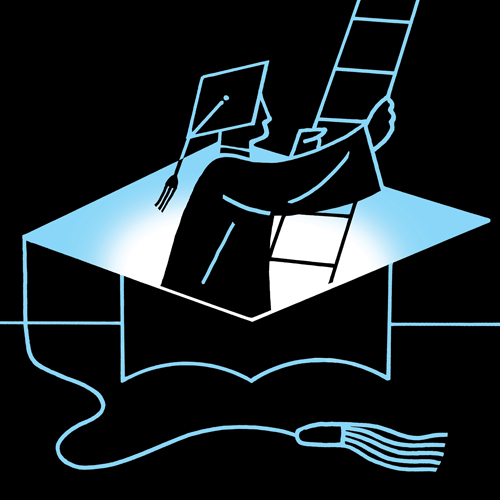 Illustration depicting a student in a cap and gown climbing a ladder