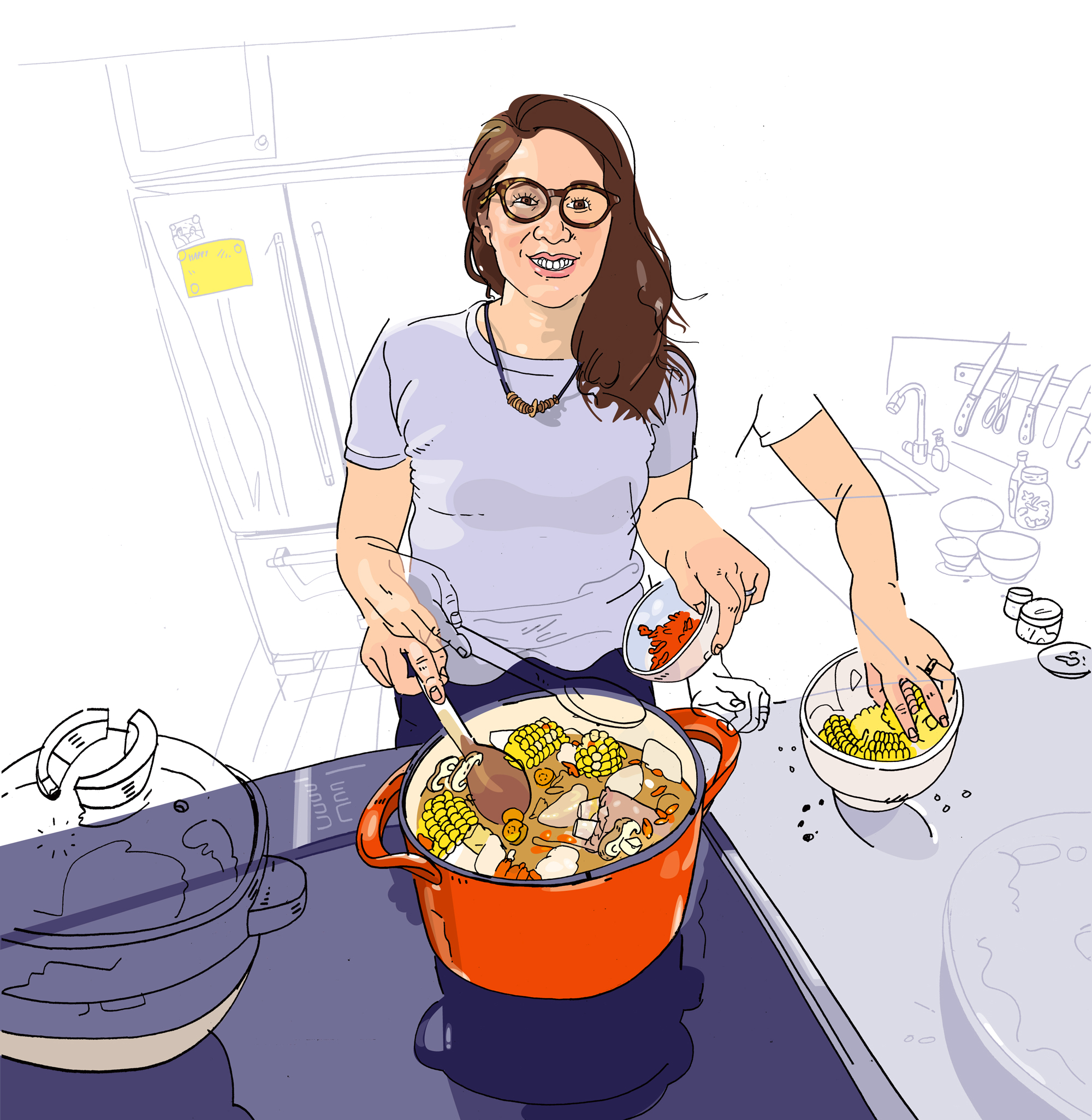 Partially colored sketch of Marie Spiker cooking soup