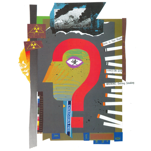 Collage artwork featuring a silhouette of a person's head made of various scraps of colorful paper