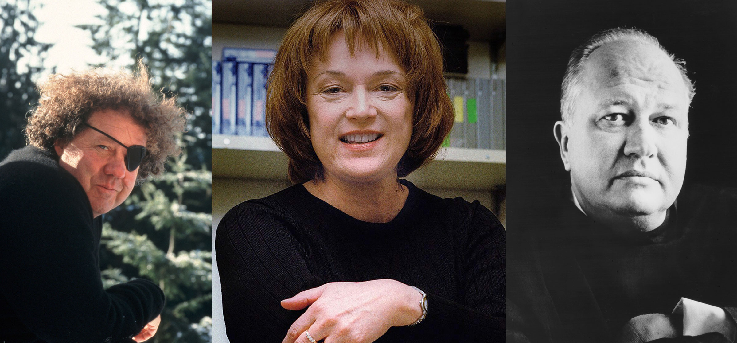 Headshots of Dale Chihuly wearing his eye patch and leaning on a fence, Linda Buck crossing her arms in a laboratory, and Theodore Roethke frowning in black and white.