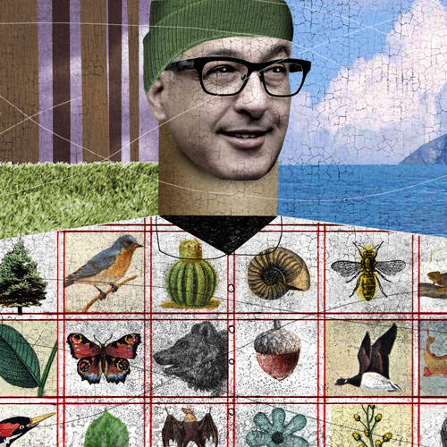 Collage of images featuring David Plunkert smiling, a green grassy field, a seascape, and a grid of animals and plants, including a bear, a goose, a bee and a tree.