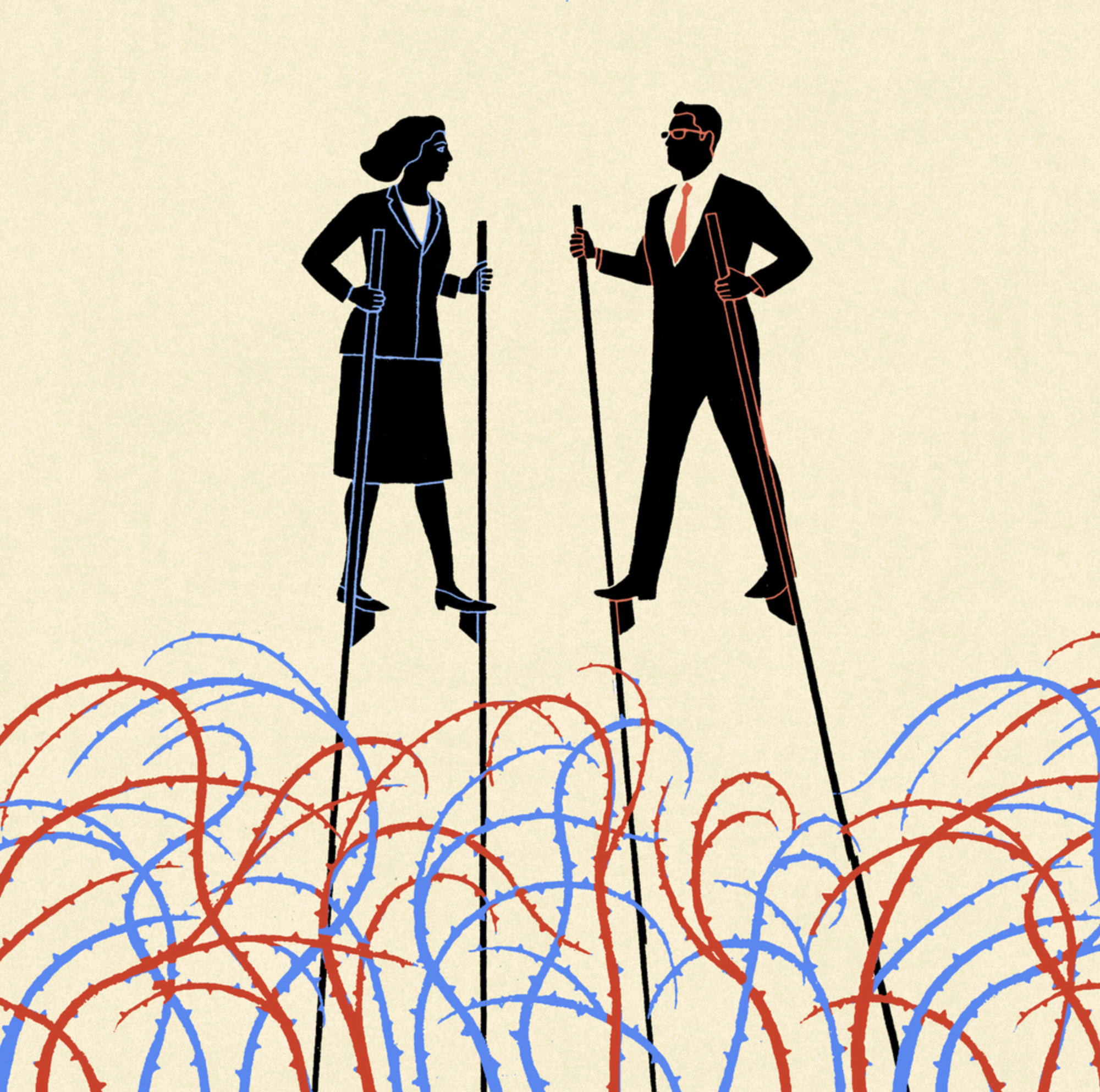 Two illustrated figures - one outlined in blue and the other in red - stand on stilts above a mess of blue and red barbed wire