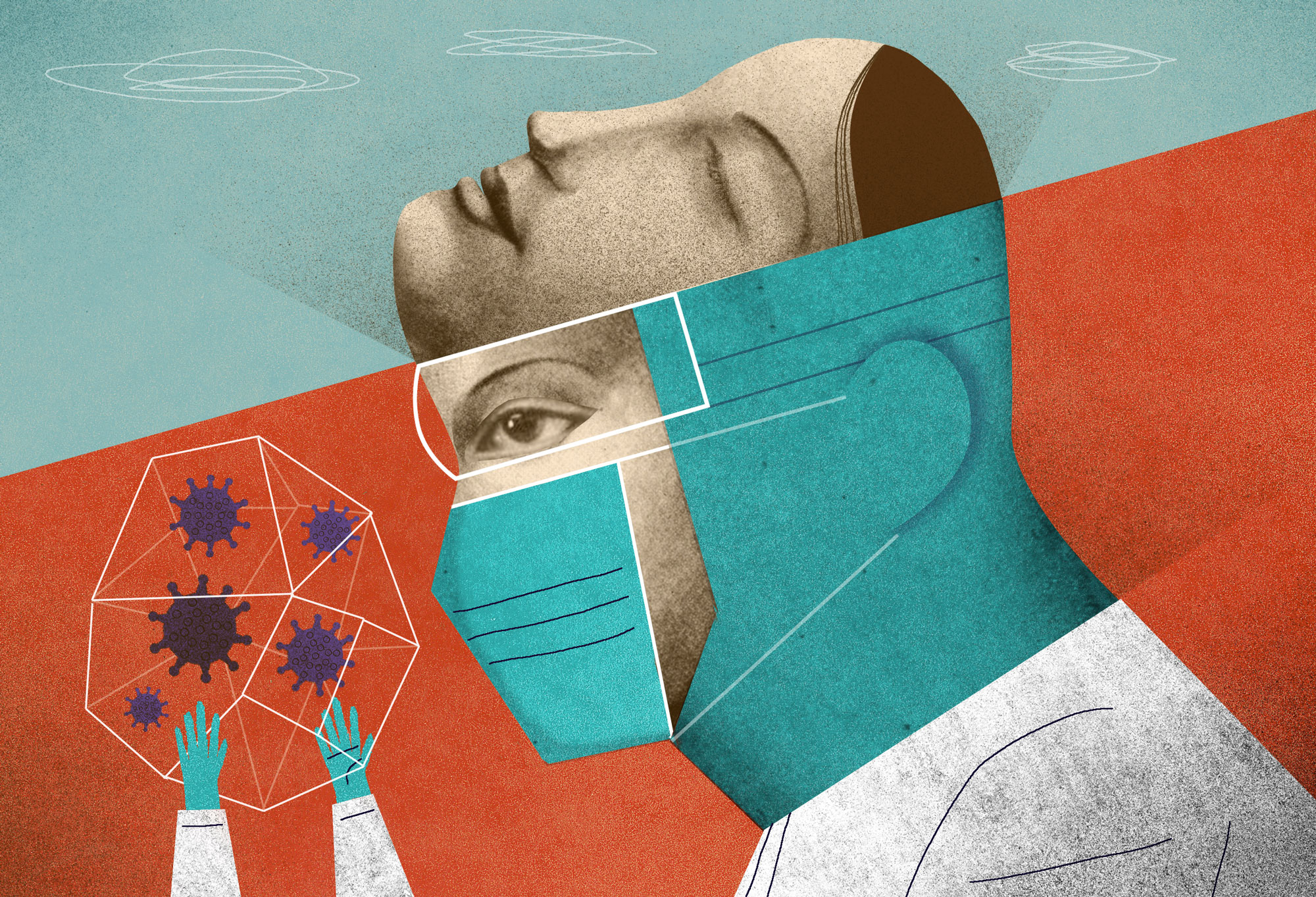 Illustration of a doctor wearing a mask and studying diseases