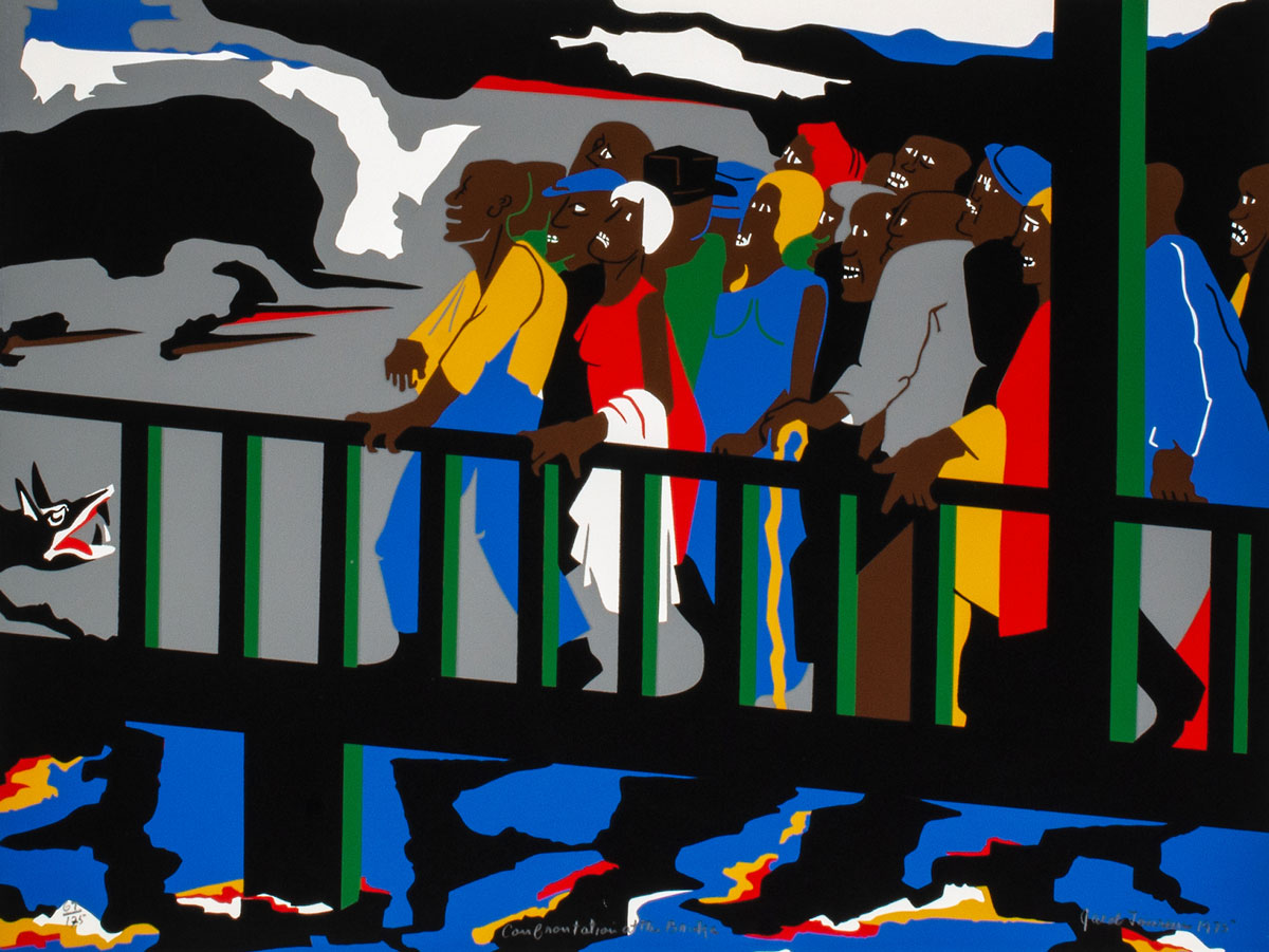 A stylized painting of a group of Black travelers crossing a bridge; a wolf awaits them on the other side.