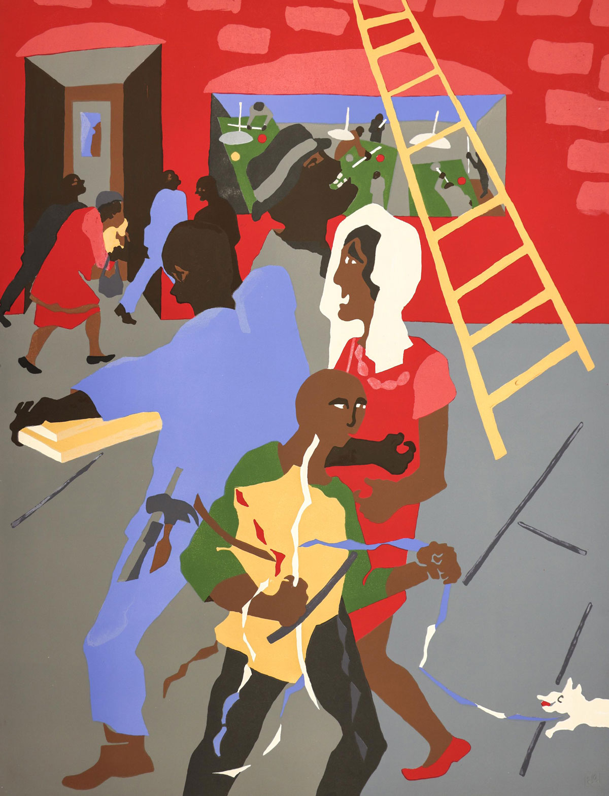 A stylized painting of African Americans walking down a bustling street.