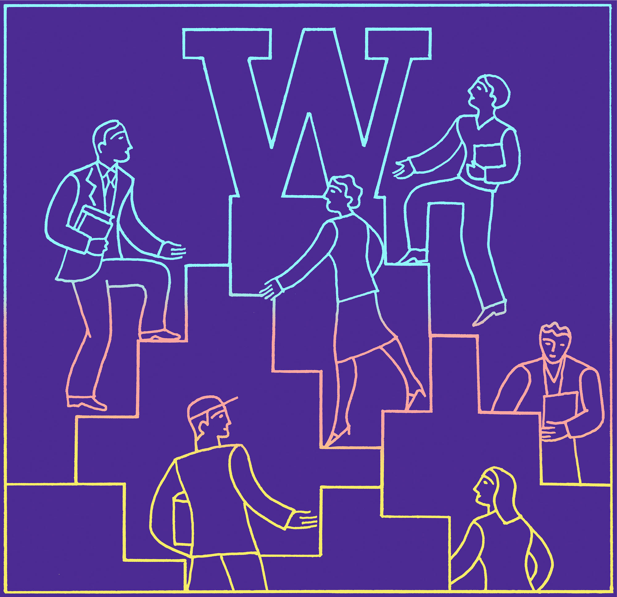 Colorful line drawing of people climbing steps to reach a large W
