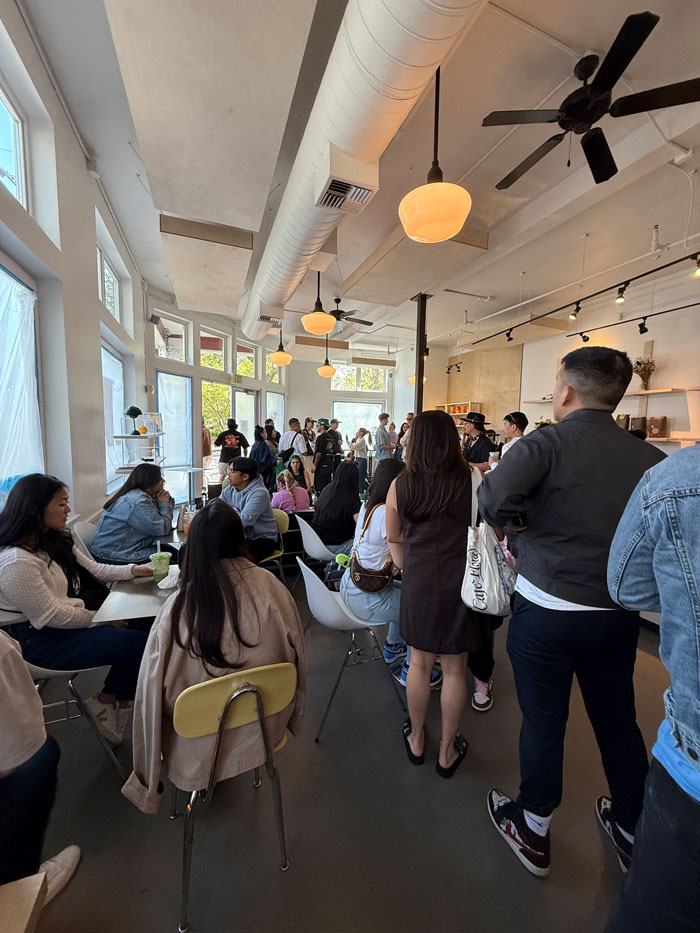 A long line at a cafe.