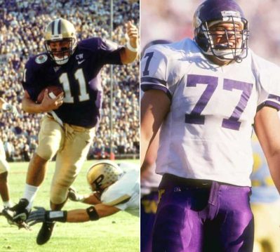 Collage of images of Olin Kreutz and Marques Tuiasosopo playing football